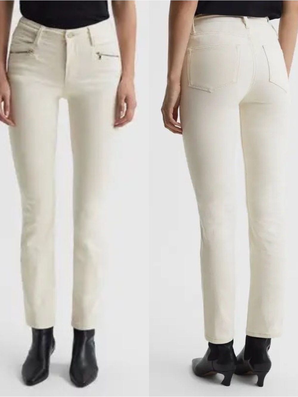 PAIGE Cindy High Rise Straight Jeans 24 Sandy‎ Ecru Zip Pocket Stretch Denim